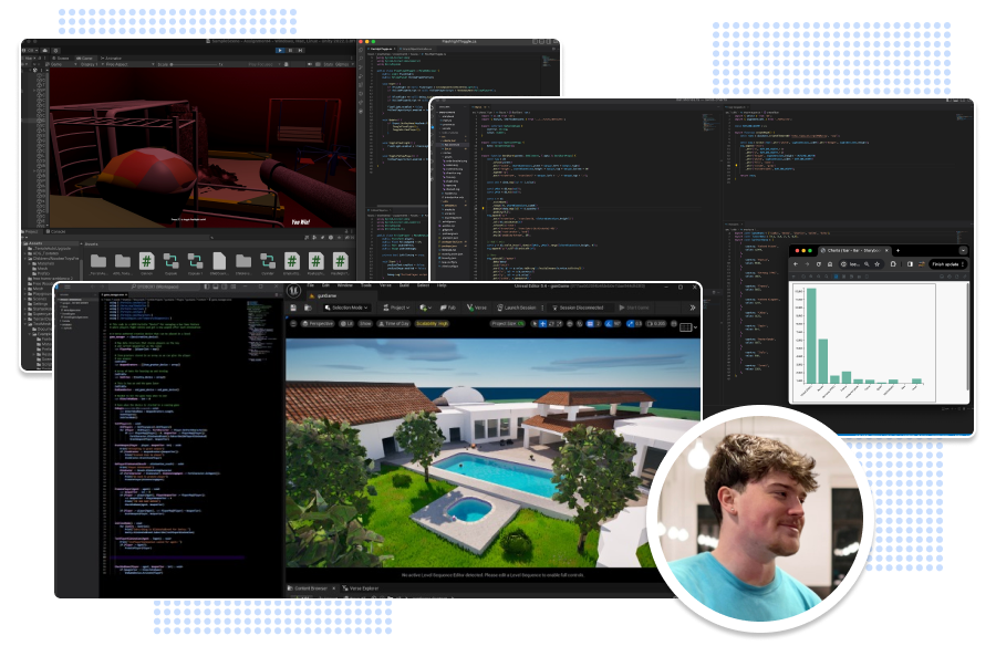 A photo of Owen Bellew and three screenshots of his coding work